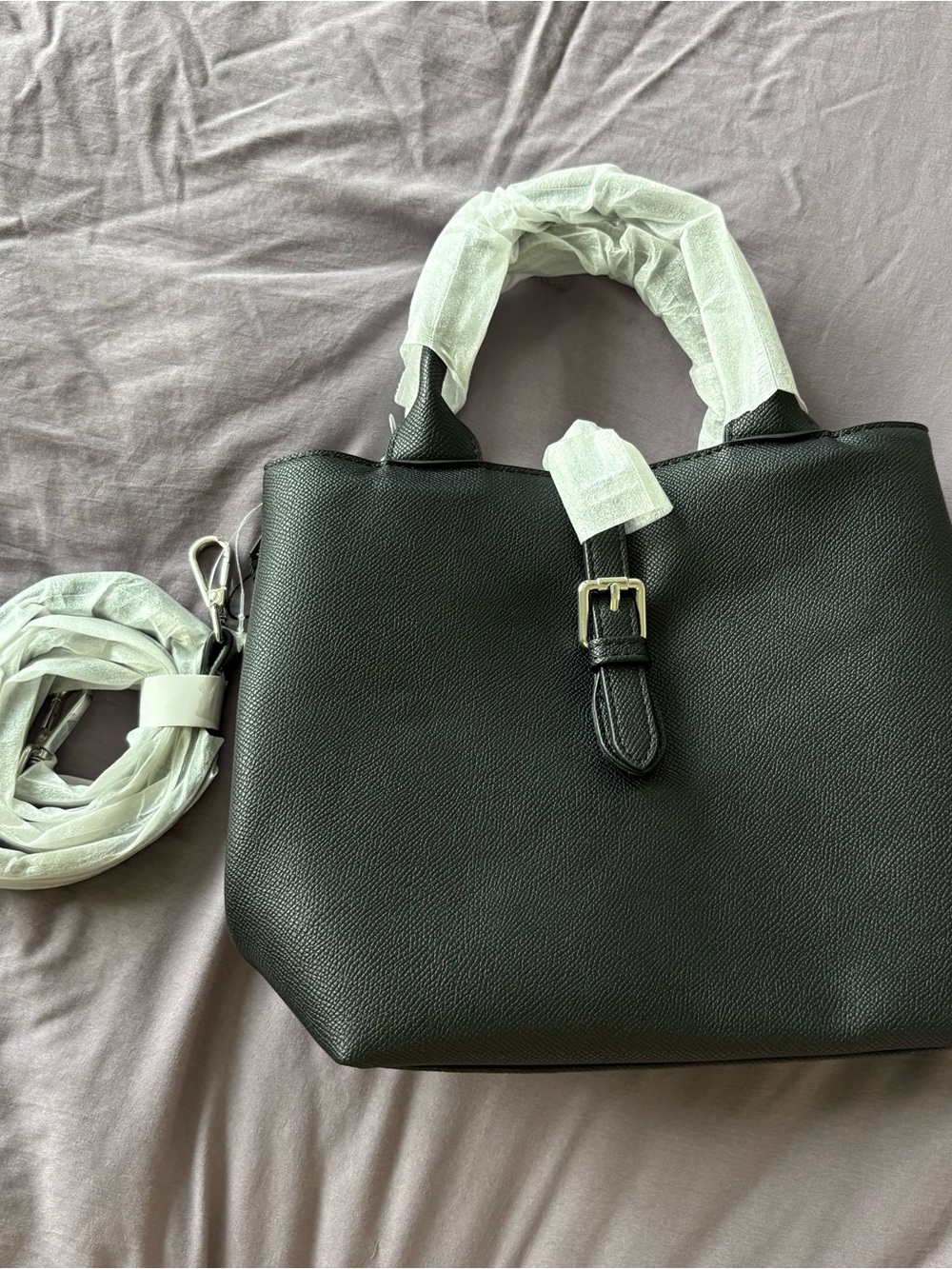 NWT Bostanten Classic Black Faux Leather Tote with Silver Buckle Long Strap
